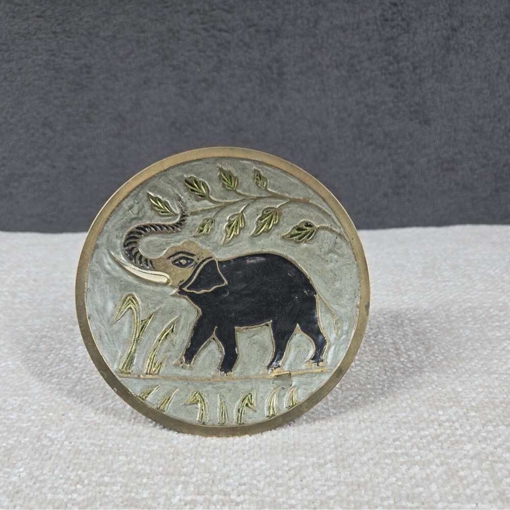 Brass Metal Decorative Round Elephant Trunk Up Green Leaves Vintage